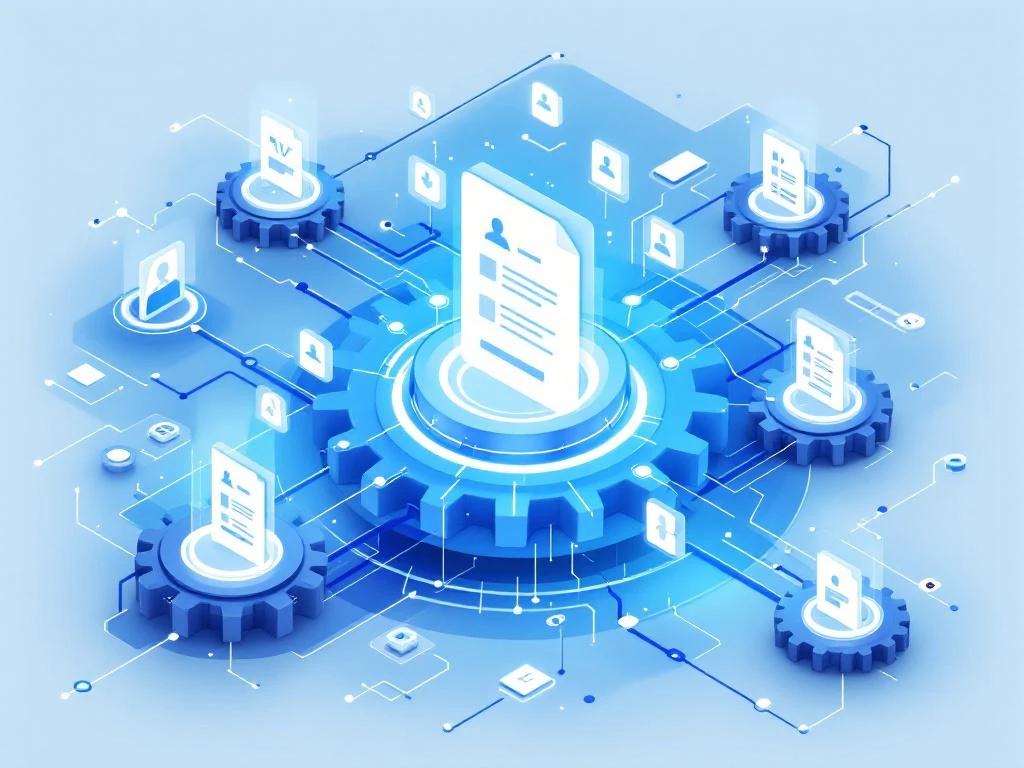 Geautomatiseerd recruitment systeem met robotarmen die CV's sorteren en AI-analyse iconen in blauwe en witte tinten