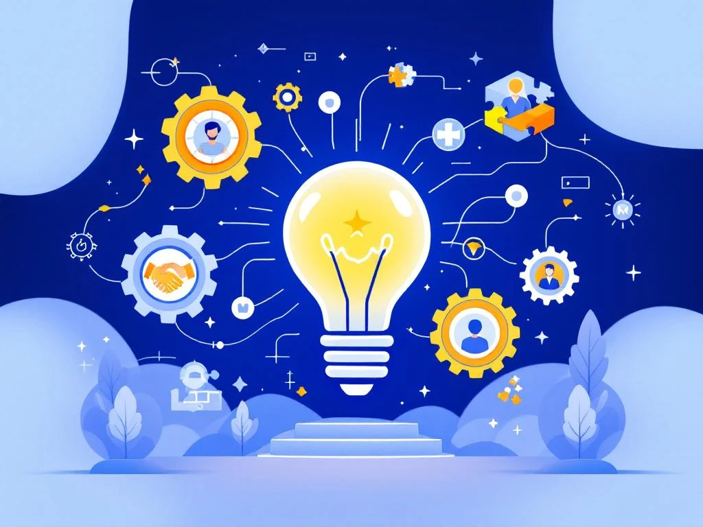 Gloeiende gloeilamp omringd door tandwielen, puzzelstukjes en groeipijlen in blauw-wit employer value proposition ontwerp