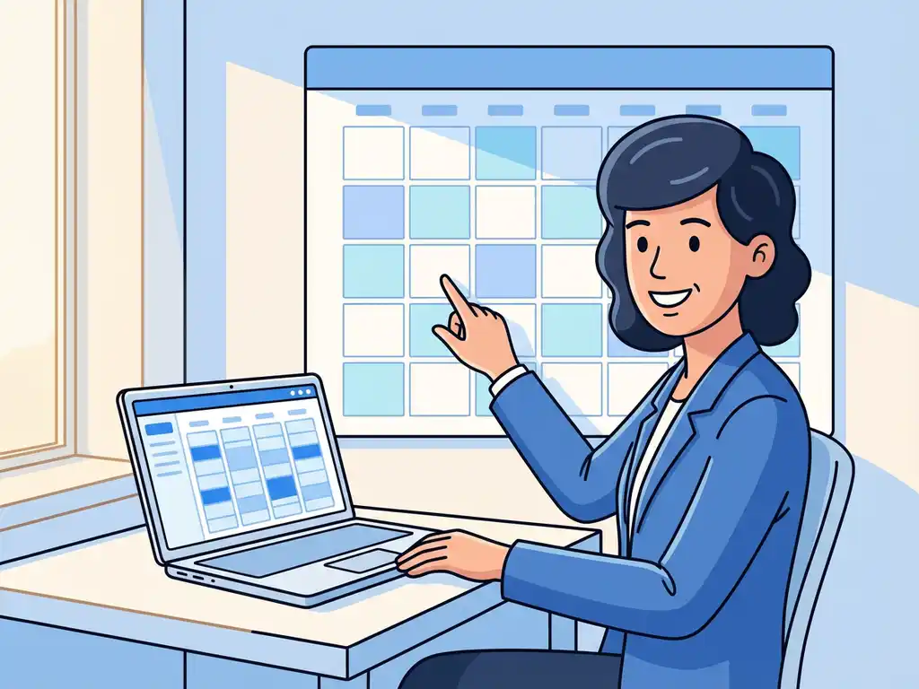 Vriendelijke professional wijst naar geplande afspraken op wandkalender, laptop toont kalenderinterface op bureau