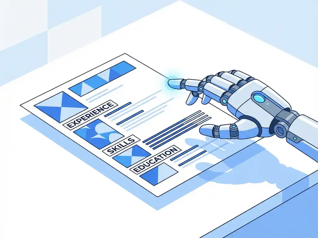 Gerobotiseerde hand onderzoekt gestileerd CV-document op wit bureau met blauwe verlichting in vectorstijl