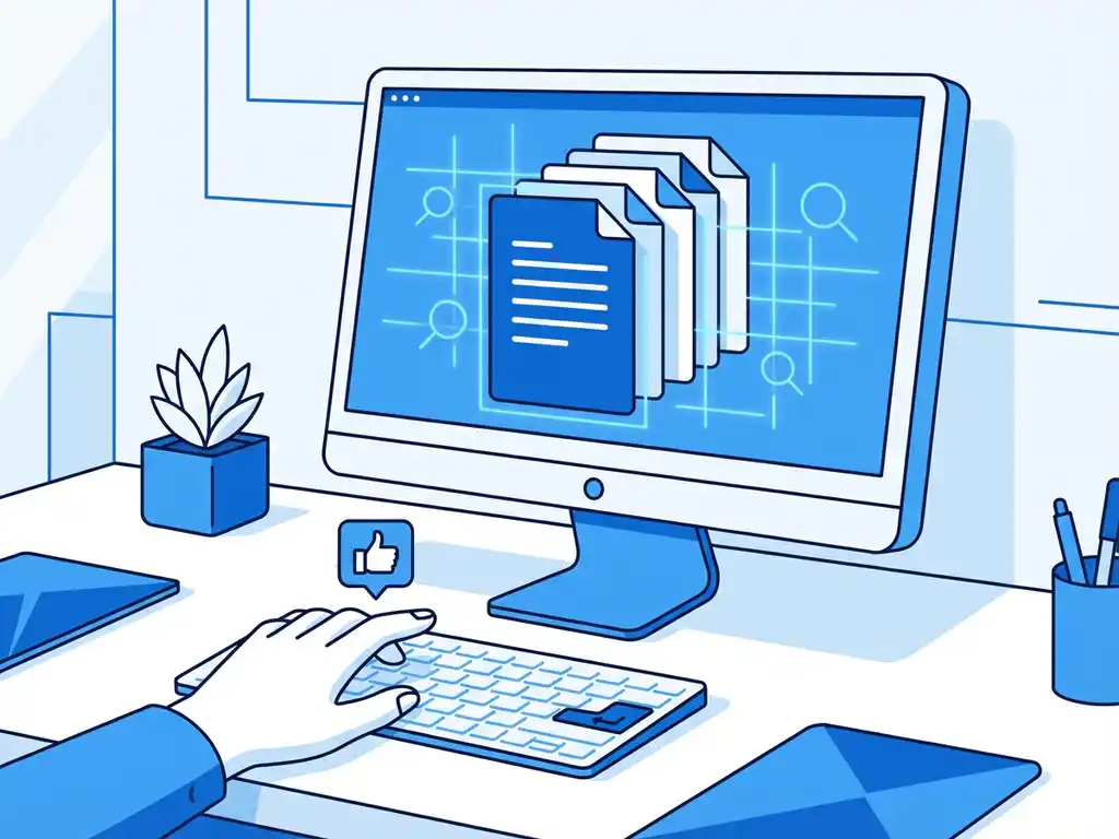 Moderne computerscherm toont digitale CV's met AI-scanpatronen, recruiter reikt naar toetsenbord op wit bureau