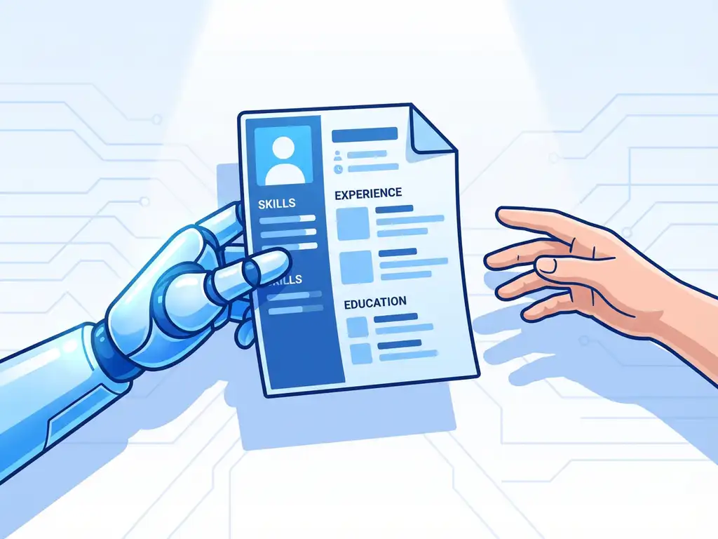 Robothand geeft cv-document door aan menselijke hand, AI-wervingsproces illustratie op witte achtergrond