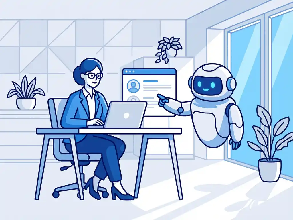 Professionele recruiter en AI-robot bekijken samen kandidaatprofielen op laptop in modern kantoor