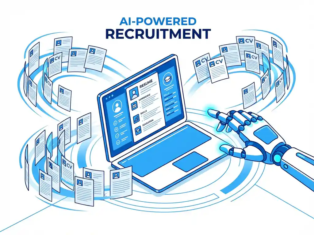 Laptop met digitaal cv op scherm, robothand reikt ernaar, papieren cv's zweven rond, AI-recruitment transformatie