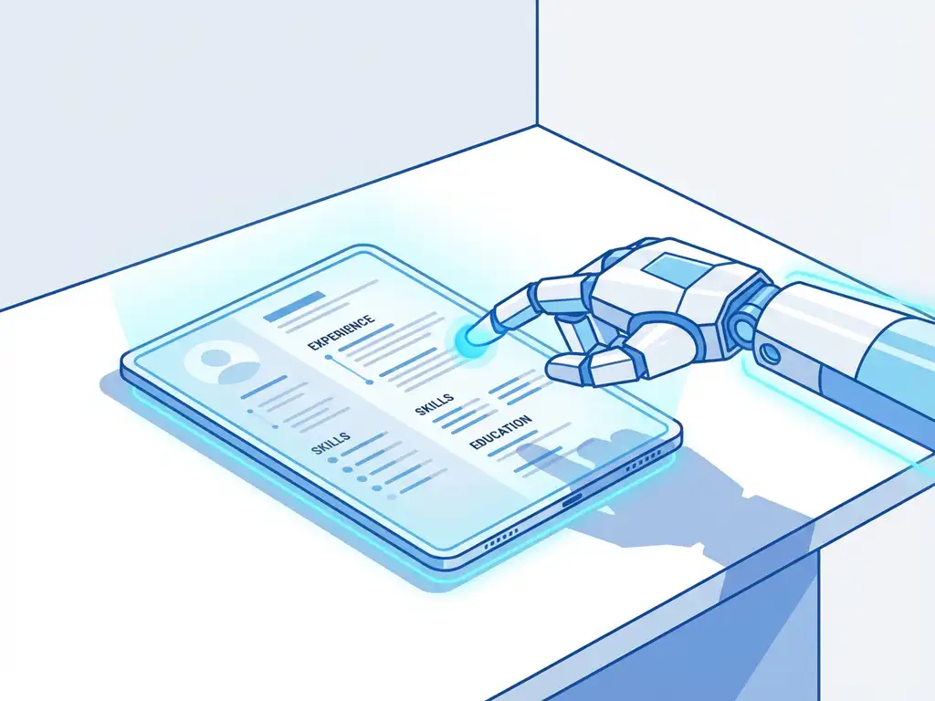 Digitale tablet met cv-document op wit bureau, AI-robothand wijst naar belangrijke secties, blauwe verlichting
