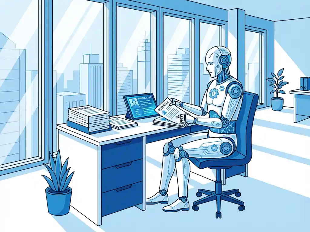 Humanoïde robot organiseert cv's aan moderne bureau met tablet en documenten in heldere kantooromgeving