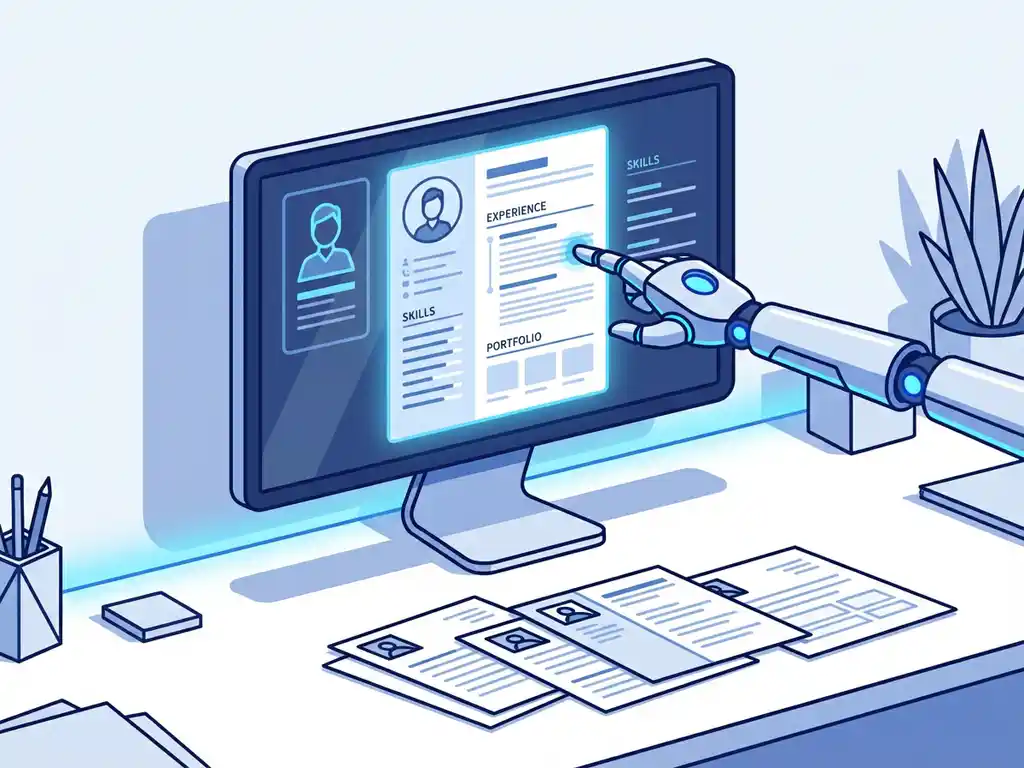 Computermonitor toont digitaal cv terwijl AI-robothand wijst naar belangrijke secties, papieren sollicitaties eronder