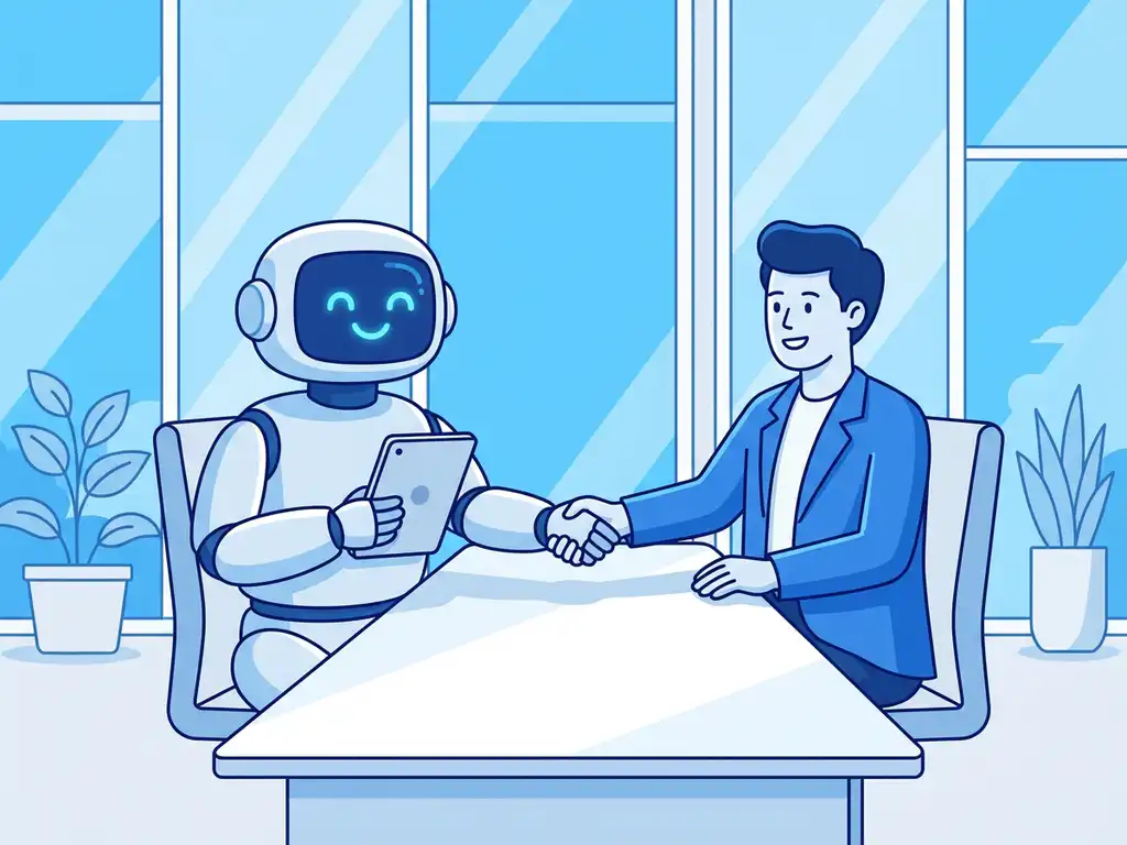 Vriendelijke AI-robot met tablet voert sollicitatiegesprek met kandidaat aan moderne tafel in licht kantoor