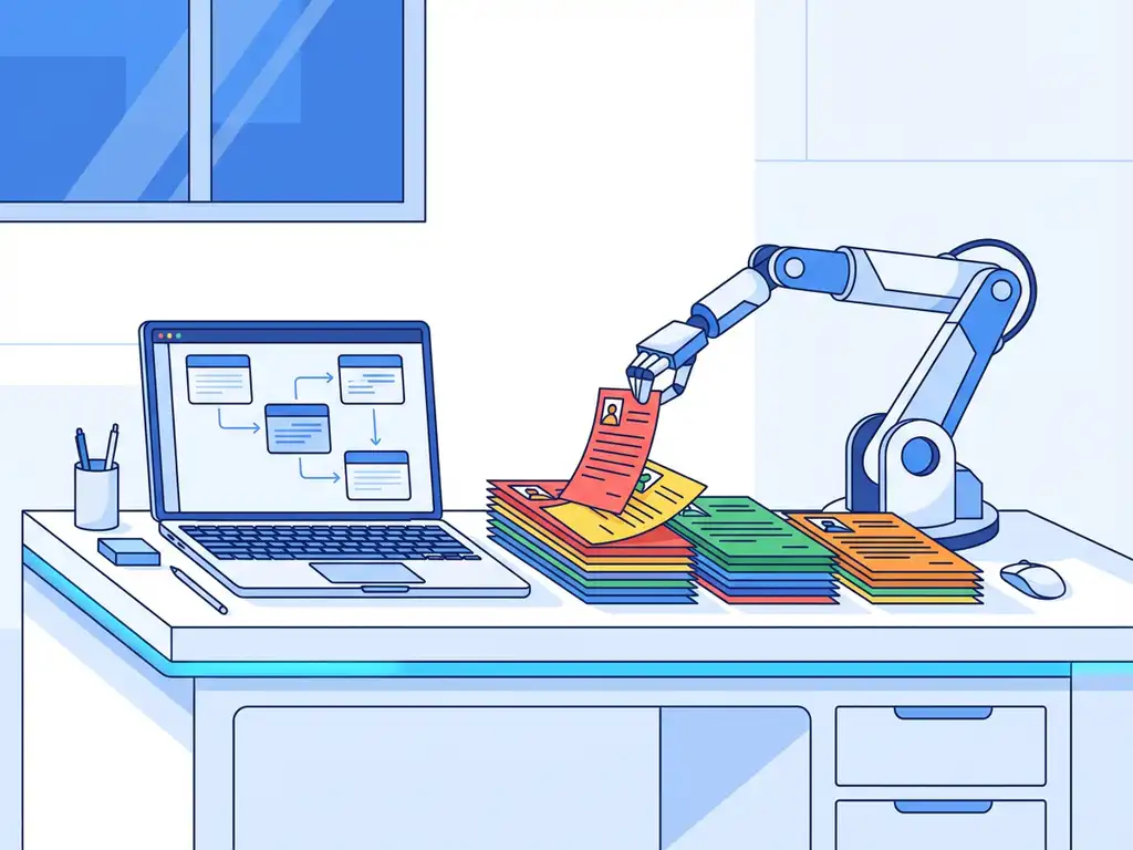 Robotarm organiseert kleurrijke cv-documenten op modern bureau naast laptop met werkstroomdiagrammen, blauwe accenten