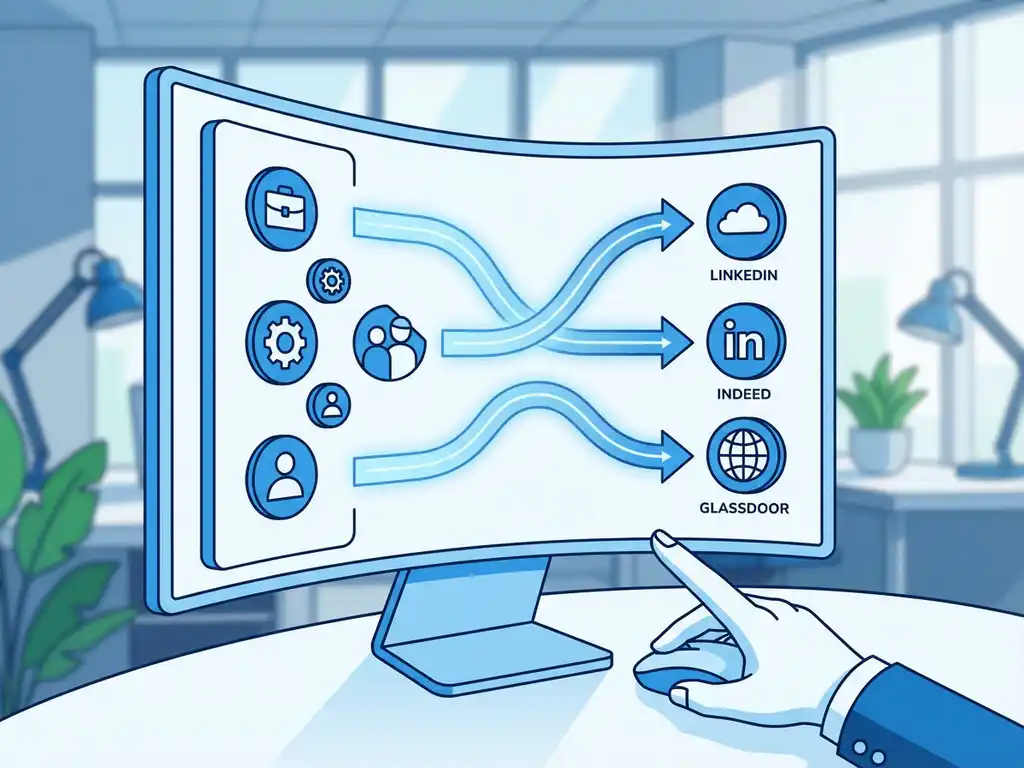 Digitaal dashboard met baanvacatures die naar verschillende platforms stromen, bediend door hand met computermuis