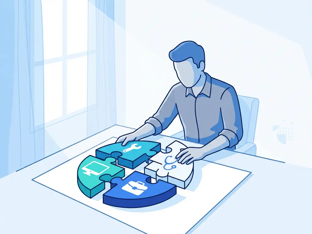 Persoon aan bureau puzzelt kleurrijke stukjes met beroepspictogrammen samen tot samenhangend geheel