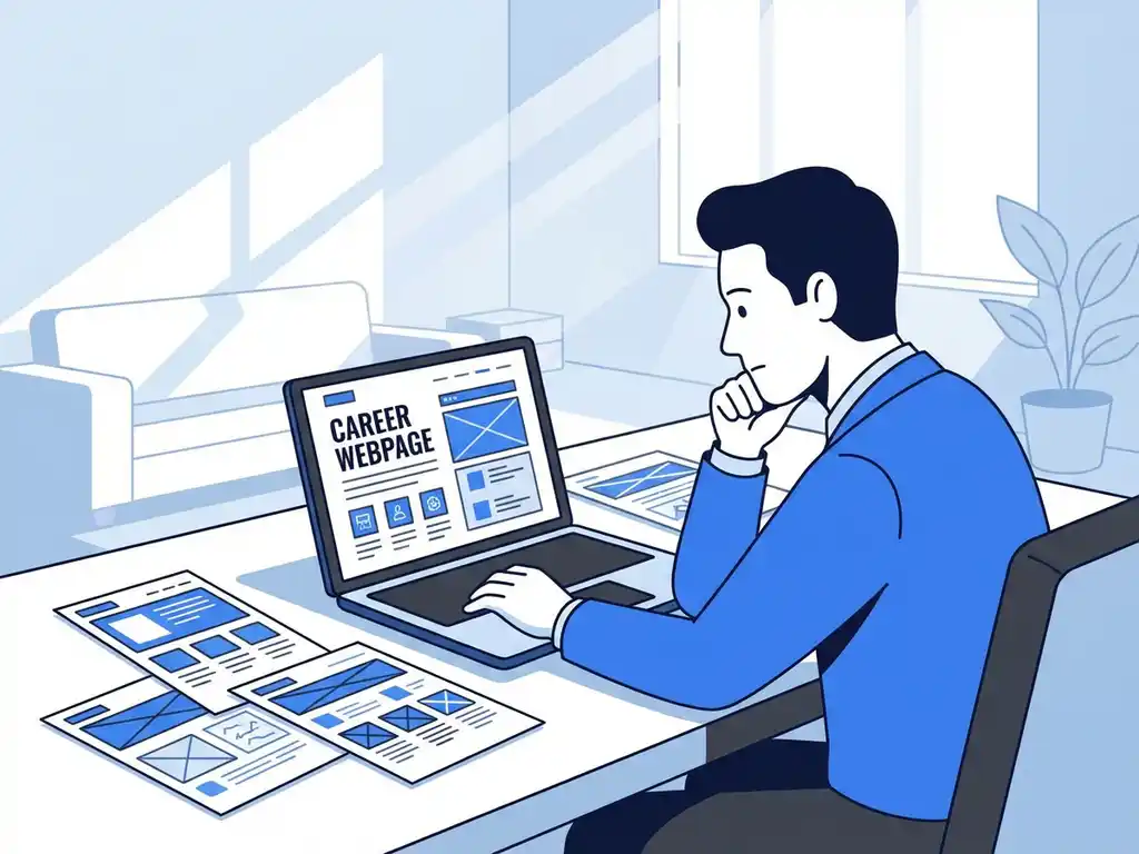 Professionele persoon ontwerpt carrièrewebsite op laptop aan modern bureau met schetsen en mockups in clean kantoor