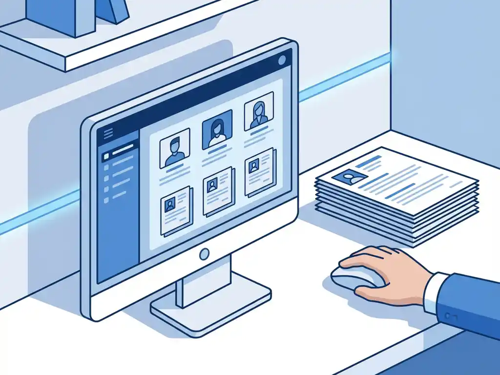 Moderne computerscherm met digitaal dashboard van kandidaatprofielen, papieren cv's en recruiter hand op muis in kantoor