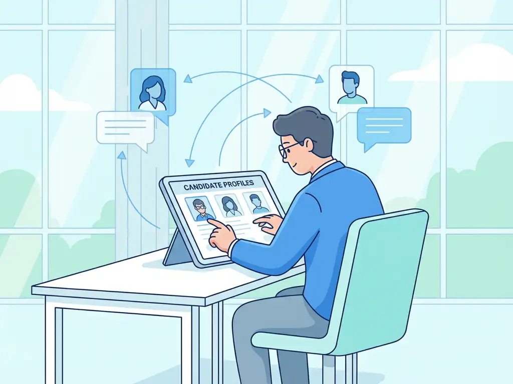 Professionele persoon gebruikt tablet met kandidaatprofielen aan modern bureau in helder kantoor met blauwe accenten