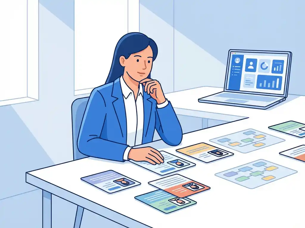 Zakenpersoon bekijkt kandidaatprofielen en organisatieschema's aan bureau met AI-interface op laptop op achtergrond