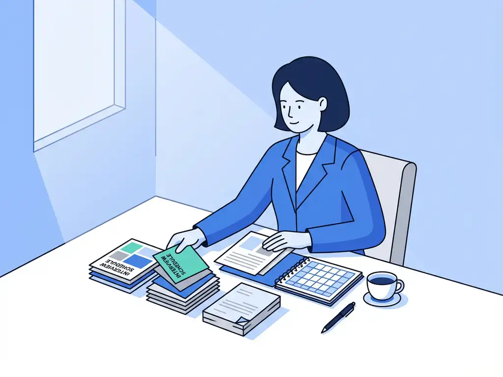 Professionele persoon organiseert kleurrijke sollicitatiekaarten op bureau met blauwe agenda en koffiekop