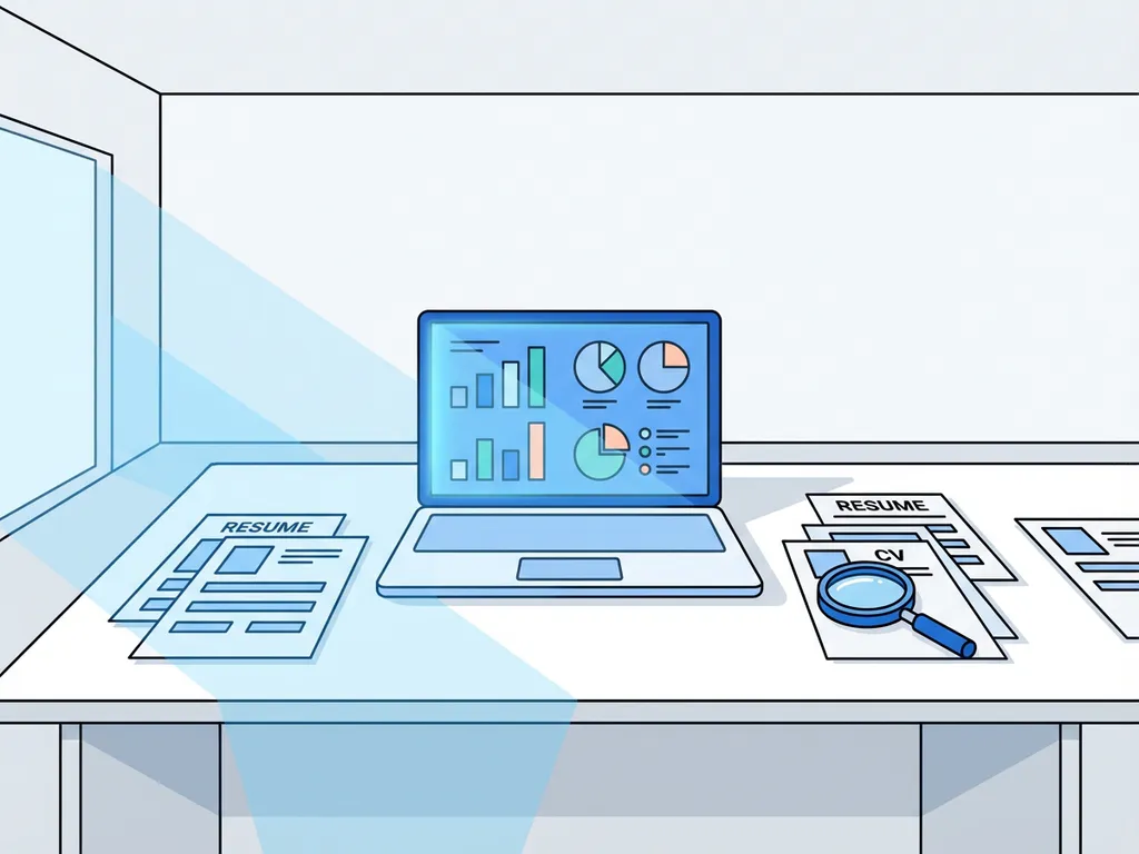 Laptop met kleurrijke analysegrafieken op wit bureau omringd door cv's en vergrootglas in minimalistisch kantoor
