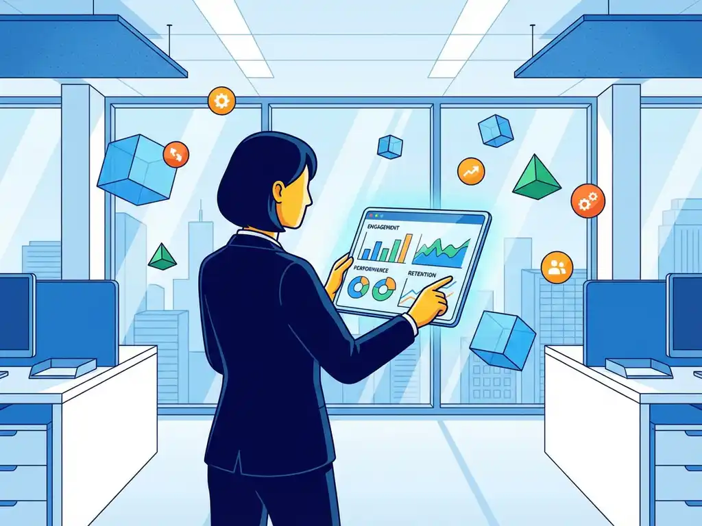 Zakenpersoon houdt tablet met kleurrijke personeelsbetrokkenheidsgrafieken in modern kantoor met natuurlijk licht