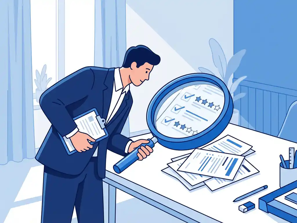 Professionele figuur analyseert werknemersfeedback met vergrootglas over enquêteformulieren in modern kantoor