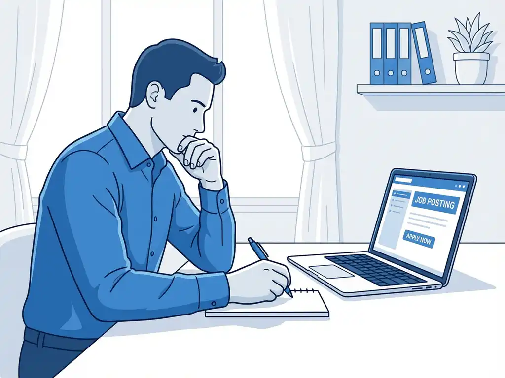 Professionele persoon schrijft op papier aan bureau met laptop open op vacaturesite, blauw-wit kantooromgeving