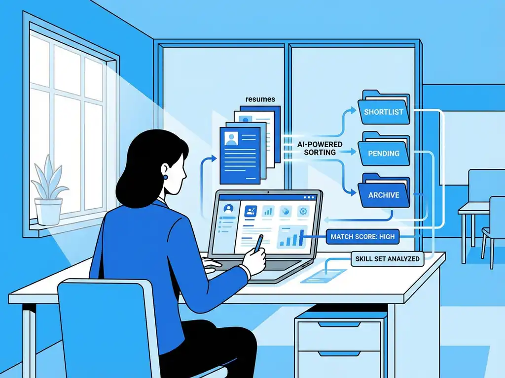 Professionele recruiter bekijkt kandidaatprofielen op laptop met AI-algoritmes die cv's sorteren in modern kantoor