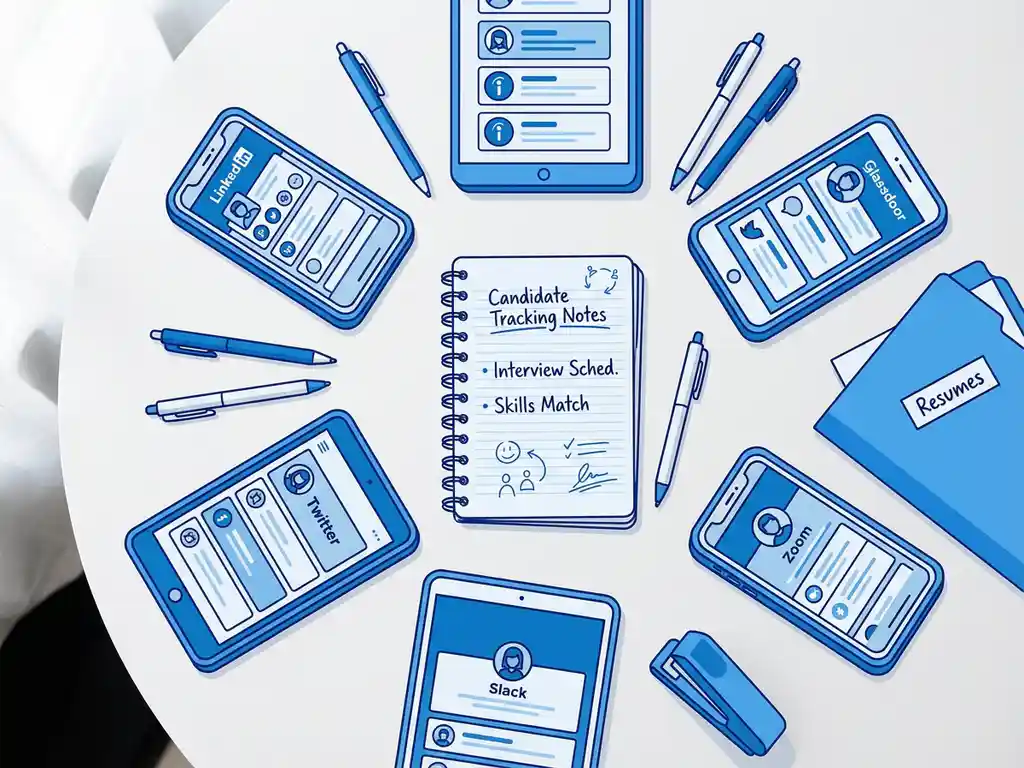 Bovenaanzicht van recruiter bureau met smartphones, tablets en sociale media apps rond notitieboek met kandidaatnotities