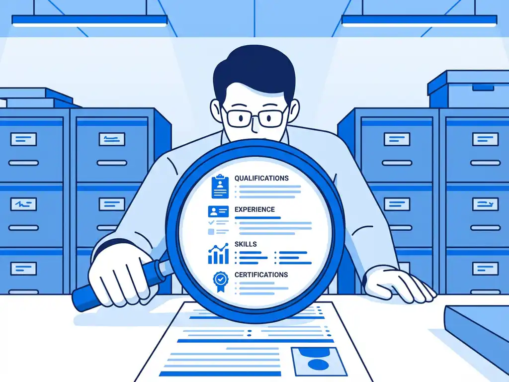 Professionele recruiter onderzoekt cv met vergrootglas in kantoor met kandidaatprofielen op de achtergrond