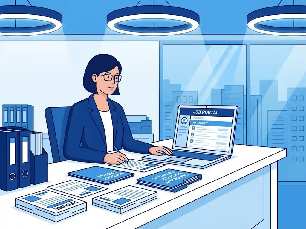 Professionele recruiter evalueert cv's en kandidaatprofielen op modern bureau met laptop en recruitmentdocumenten