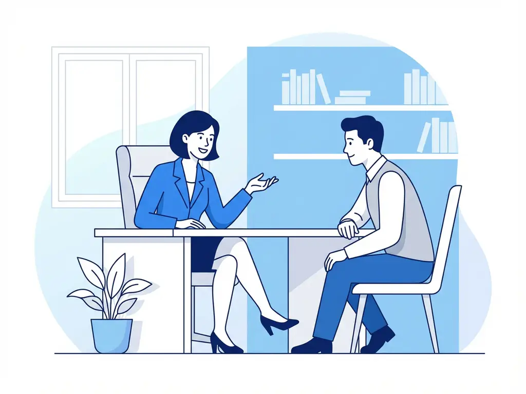 Professionele recruiter in gesprek met kandidaat aan modern bureau in licht kantoor met blauwe accenten