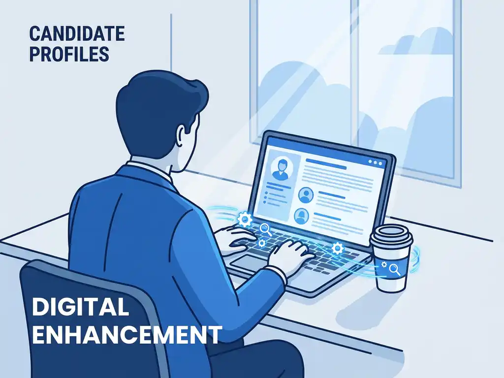 Professionele recruiter bekijkt kandidaatprofielen op laptop in modern kantoor met blauwe accentverlichting