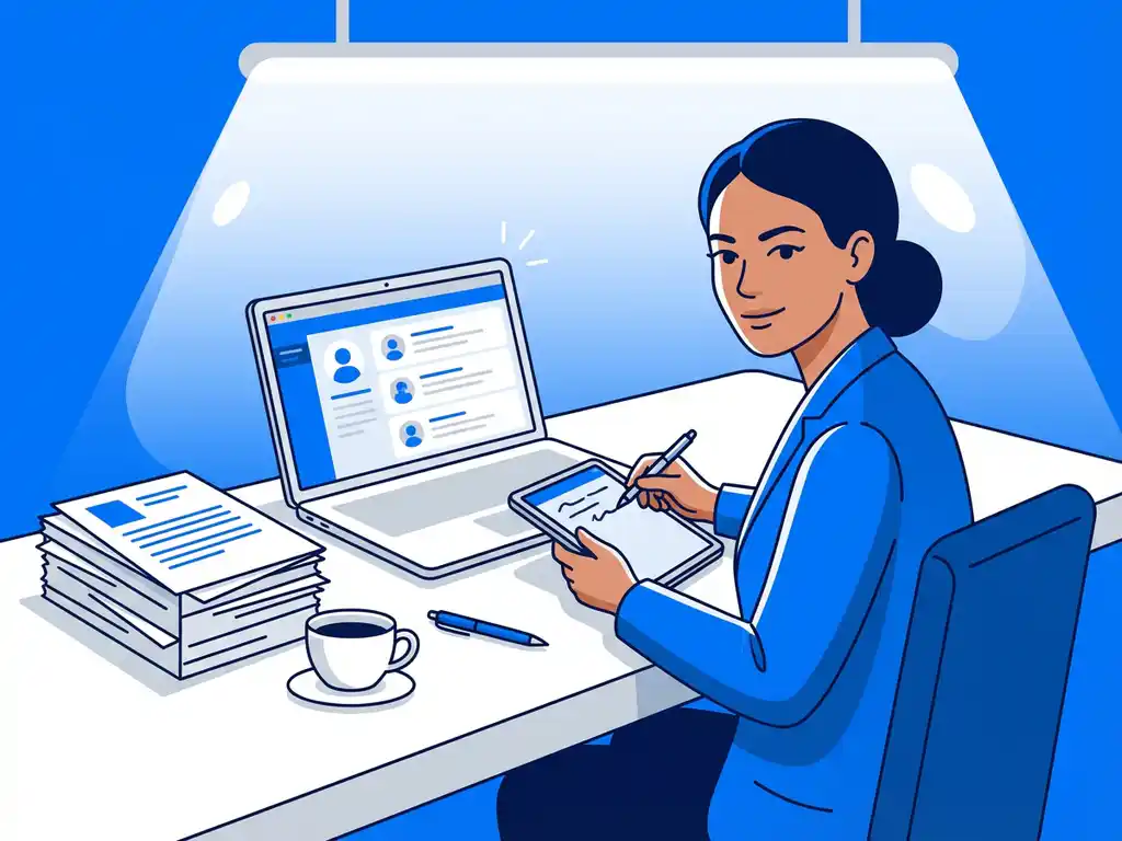 Professionele recruiter bekijkt kandidaatprofielen op laptop met cv's en koffie op bureau in helder kantoor