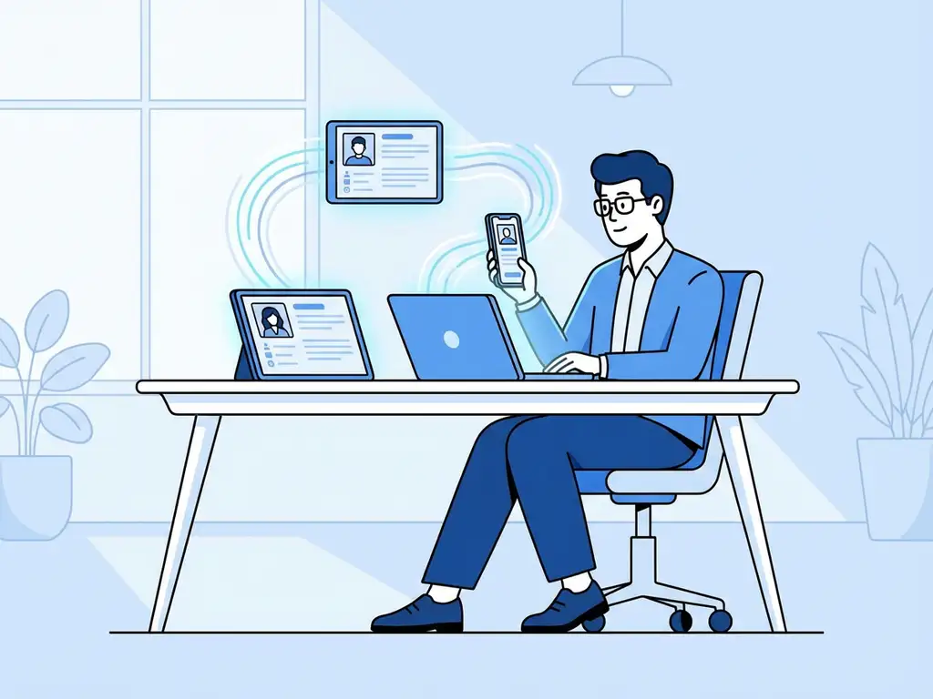 Professionele recruiter aan bureau met laptop, smartphone en tablet die kandidaatprofielen tonen, verbonden door blauwe lijnen