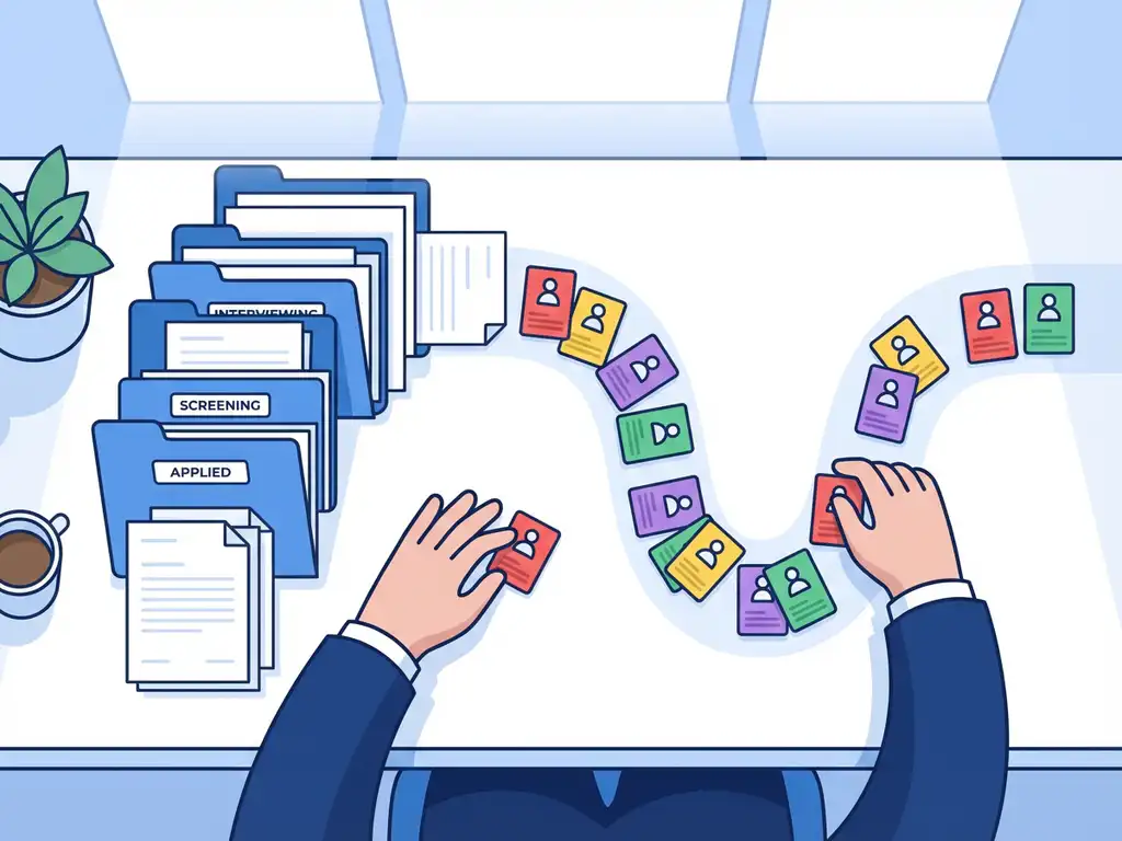 Recruiter organiseert kleurrijke kandidaatprofielen in pijplijnformatie op wit bureau met blauwe mappen in moderne kantooromgeving