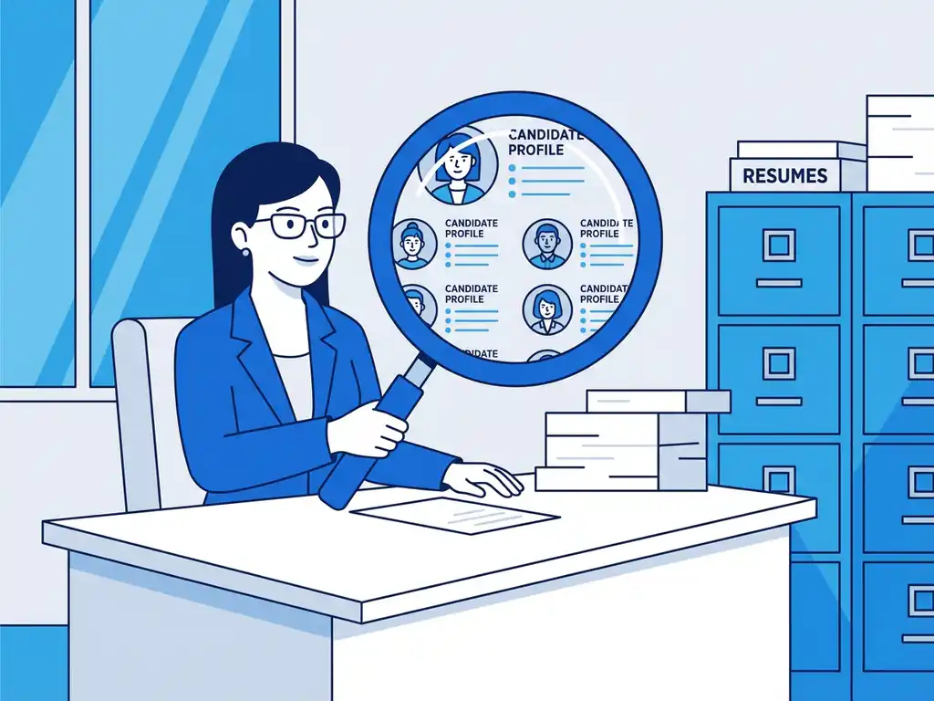 Professionele recruiter bekijkt kandidaatprofielen door vergrootglas op georganiseerd kantoor, vector illustratie