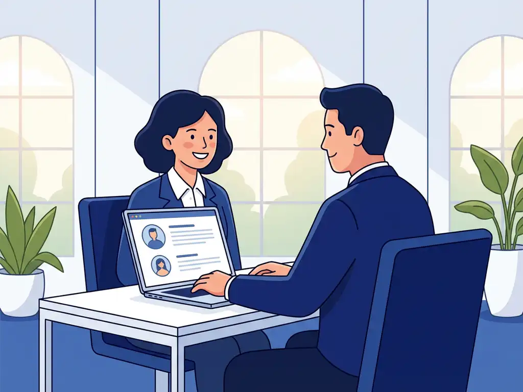 Professionele recruiter bekijkt kandidaatprofielen op laptop in modern kantoor met natuurlijk licht en planten