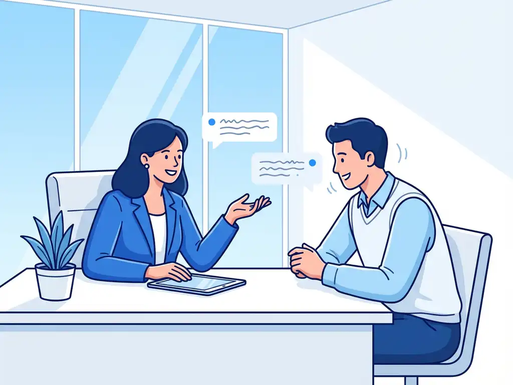 Professionele recruiter in gesprek met sollicitant aan modern bureau, blauwe accenten, vriendelijke sfeer