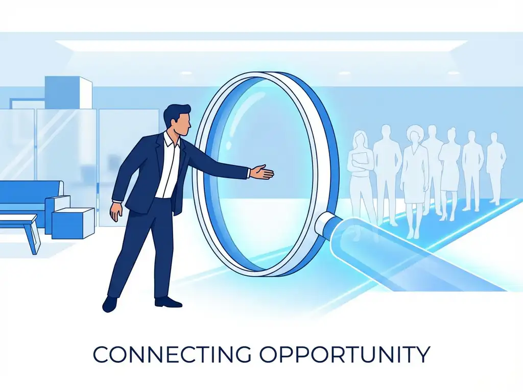 Professionele recruiter reikt door vergrootglas naar diverse kandidaten, verbinding makend in moderne kantooromgeving