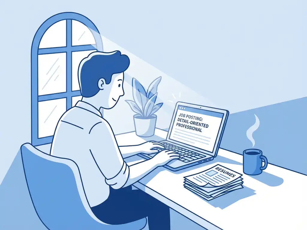 Professionele recruiter die vacature schrijft op laptop aan wit bureau met cv's en koffie, blauwe illustratiestijl