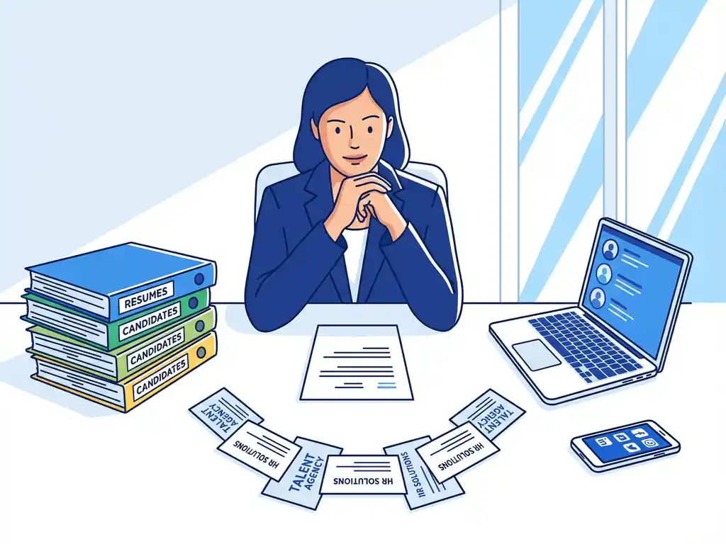 Professionele recruiter aan bureau met laptop, cv-mappen, smartphone en recruitmentmaterialen in georganiseerde werkruimte