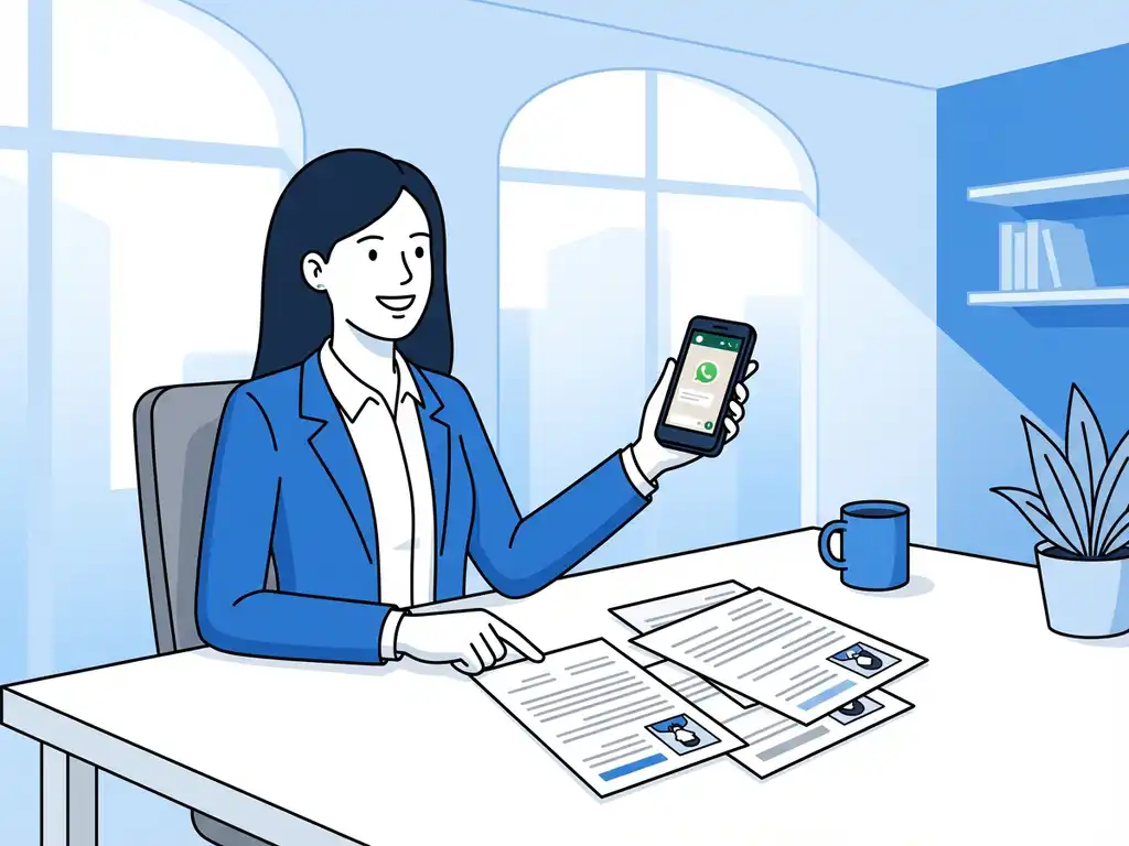 Professionele recruiter met smartphone toont WhatsApp-interface, cv's op bureau, moderne kantooromgeving