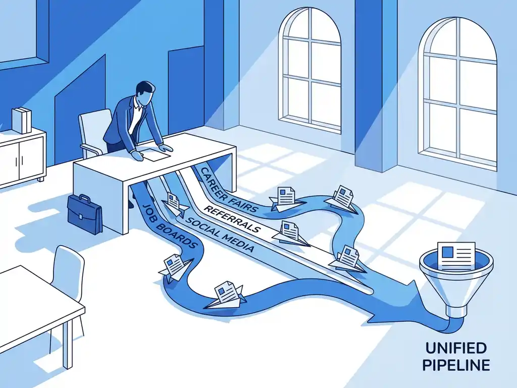 Professionele zakenman onderzoekt wervingskanalen die samenkomen tot één stroom met cv's als papieren vliegtuigjes