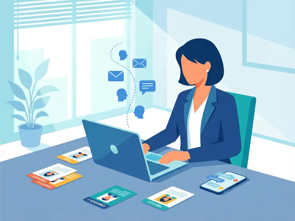 Professionele vrouw werkt op laptop met kandidaatprofielen op bureau, communicatie-iconen op scherm, moderne kantooromgeving