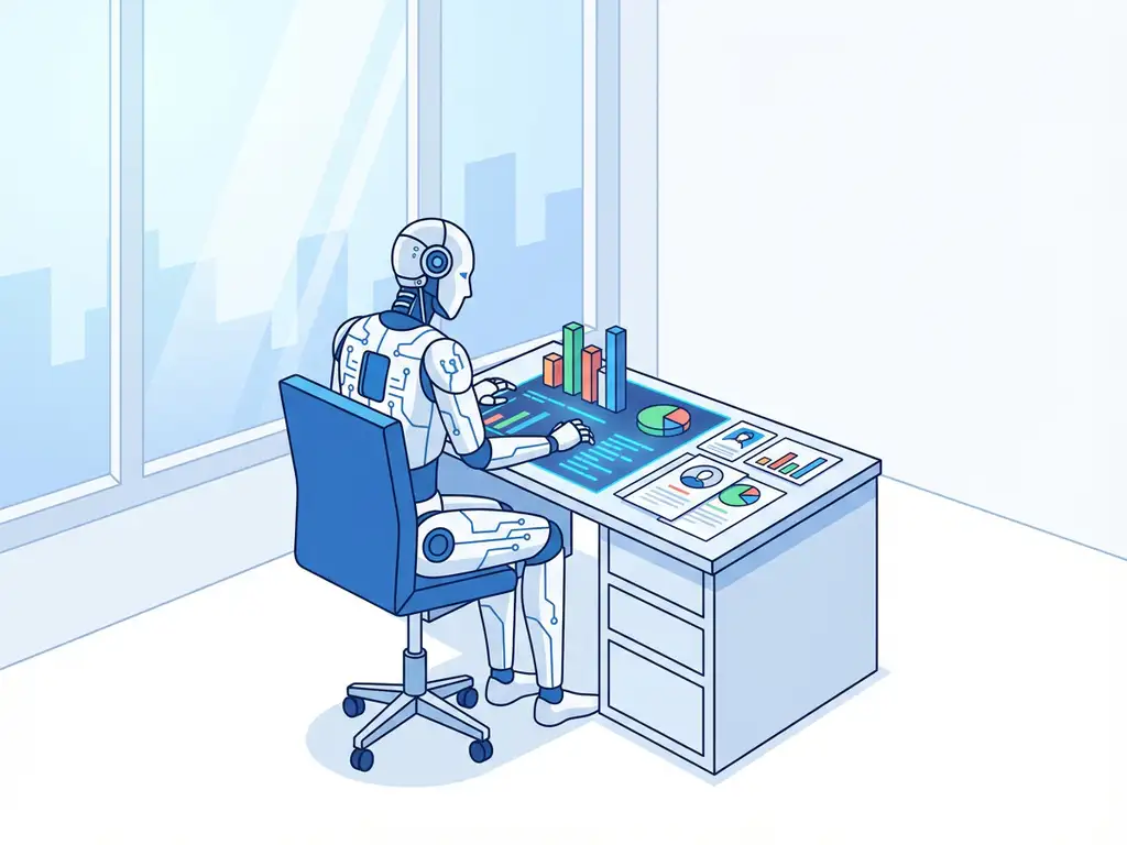 Humanoïde robot analyseert kleurrijke datagrafieken en kandidaatprofielen op modern bureau in kantooromgeving