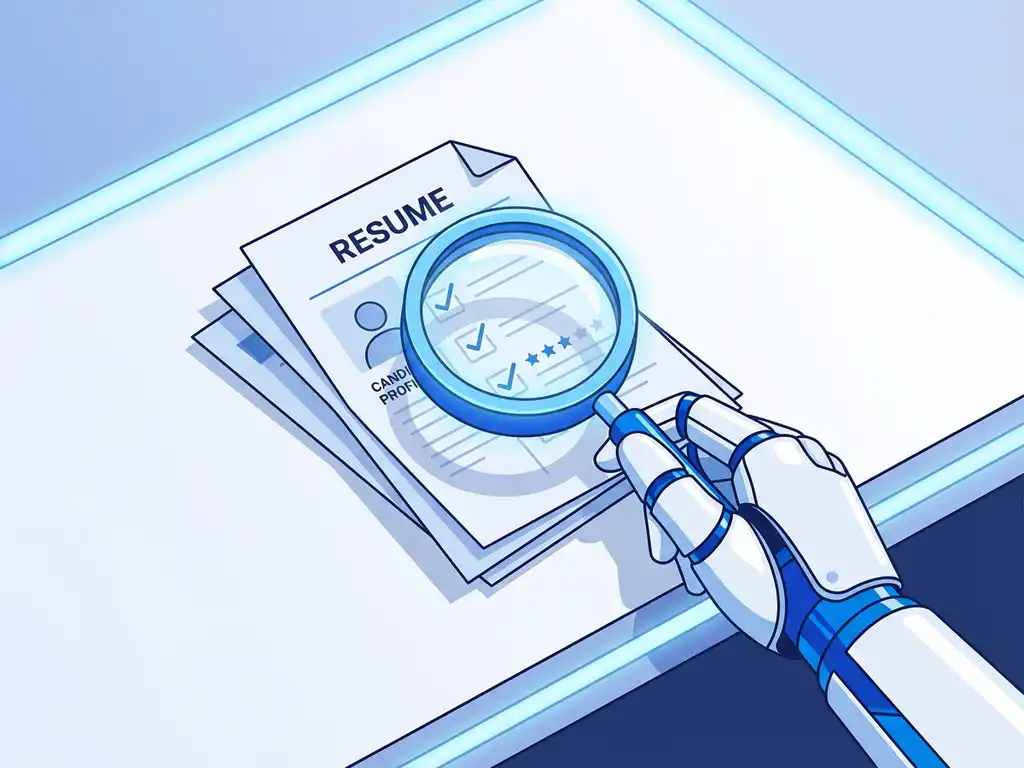 Robothand met vergrootglas onderzoekt stapel cv's met sterren en vinkjes op wit bureau met blauwe verlichting