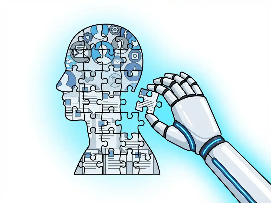 Robothand plaatst puzzelstuk in menselijk hoofdprofiel, overgang van papieren cv's naar digitale profieliconen