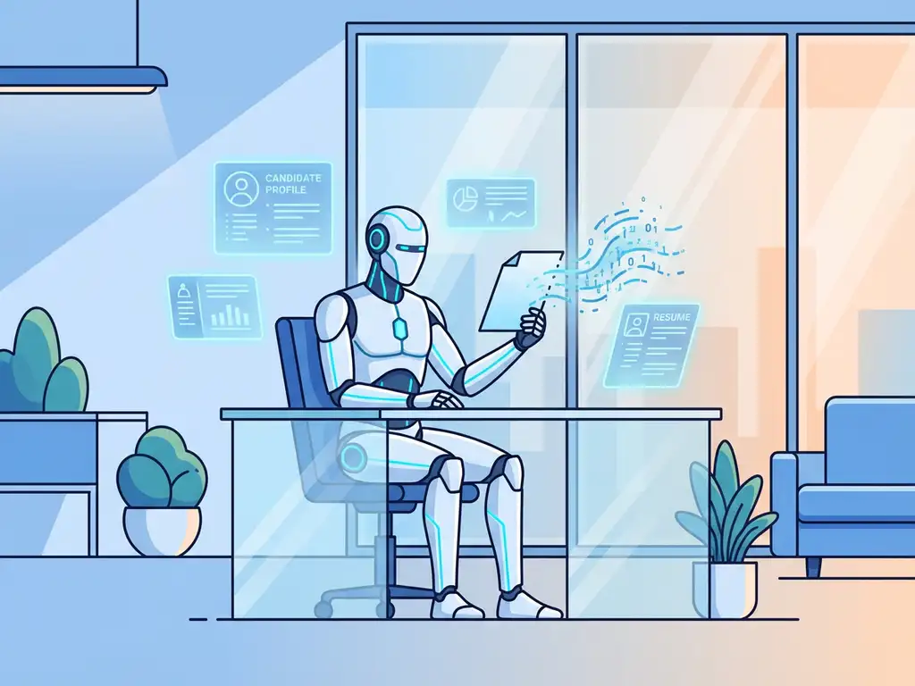 Humanoïde robot bekijkt cv's aan bureau terwijl papieren documenten transformeren naar digitale datastromen