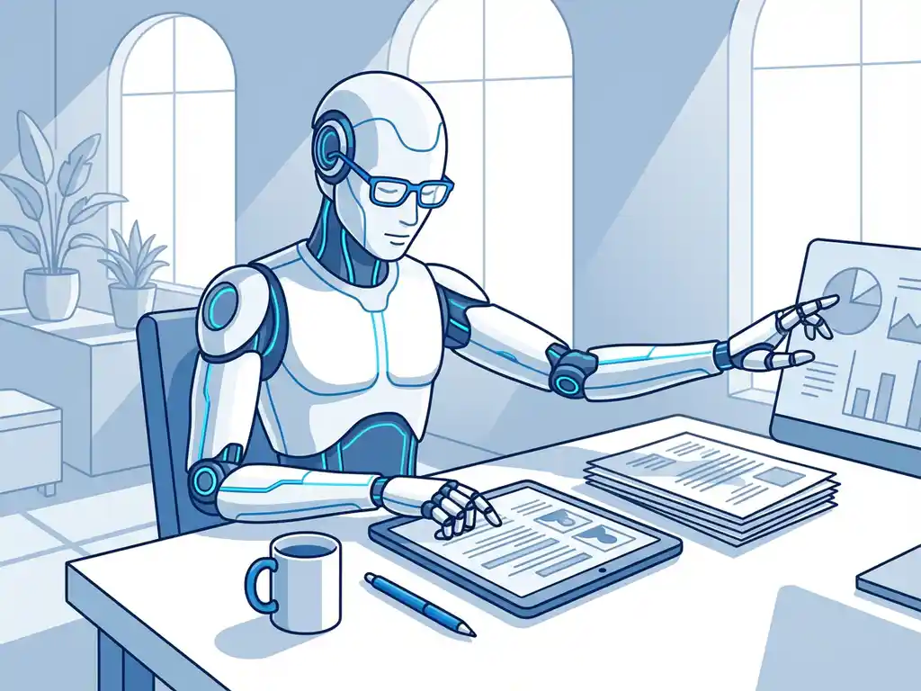 Witte humanoïde robot met blauwe accenten bekijkt cv's aan modern bureau naast menselijke recruiter in licht kantoor