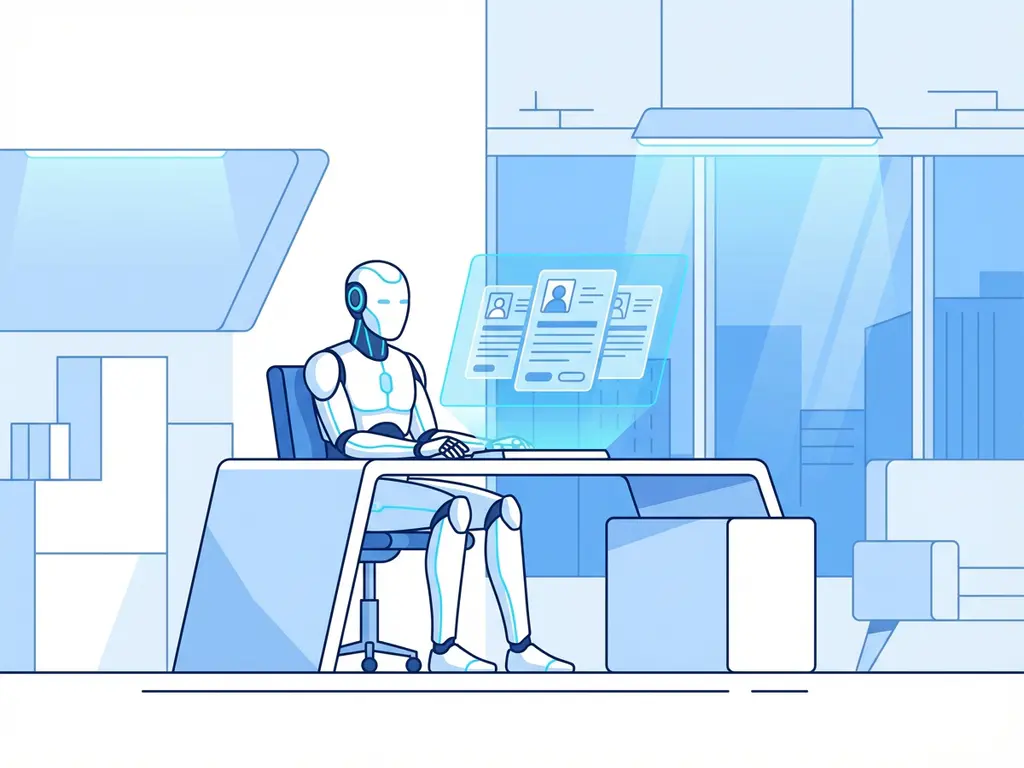 Futuristische witte robot bekijkt holografische kandidaatprofielen op blauw scherm in modern kantoor