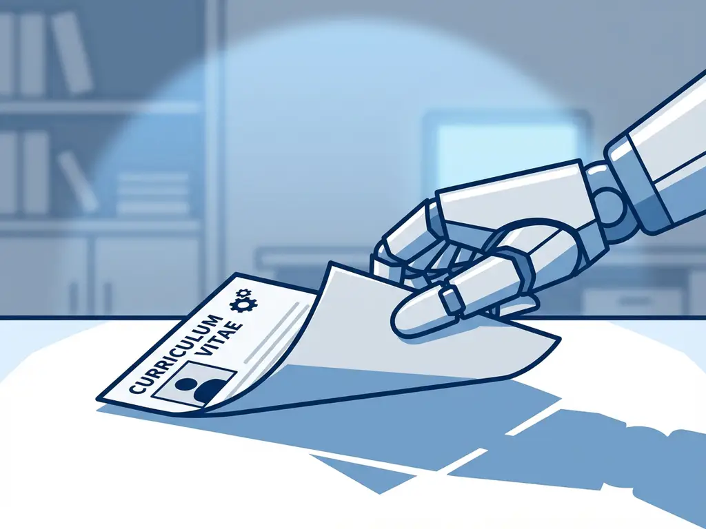 Robothand houdt CV-document vast op wit bureau in modern kantoor met blauwe verlichting