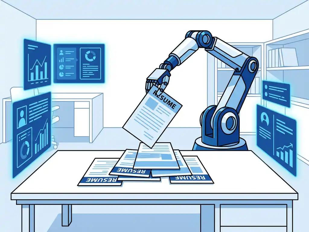 Robotarm sorteert cv's op wit bureau met blauwe digitale schermen in modern kantoor, vectorillustratie stijl